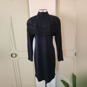 Vintage All That Jazz Black Fringe Long Sleeve Dress Size 8, Western, Cowgirl